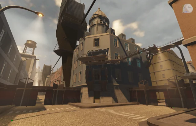 Industrial district street with a crane and factory buildings