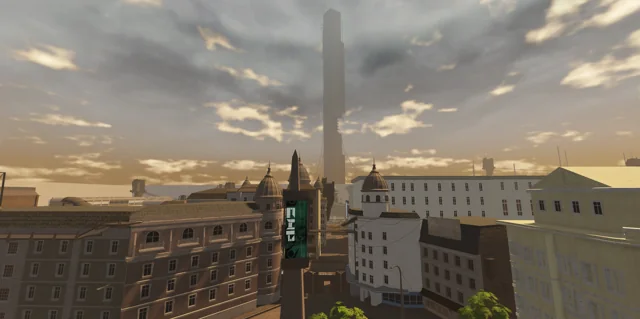 City skyline and the Nexus beneath a pale sky