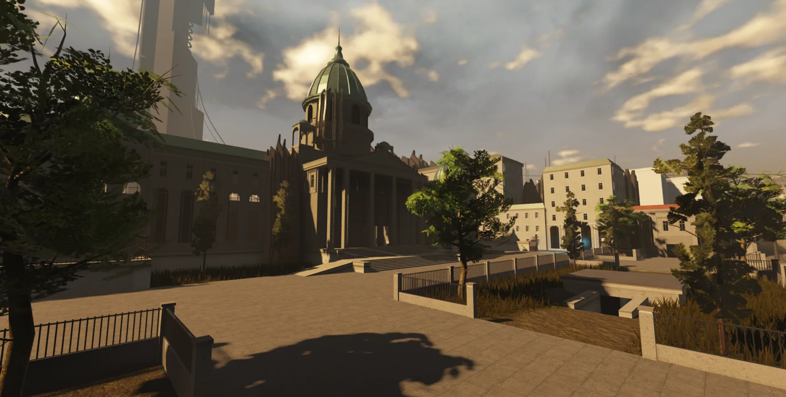 Tree-lined plaza beside the Nexus