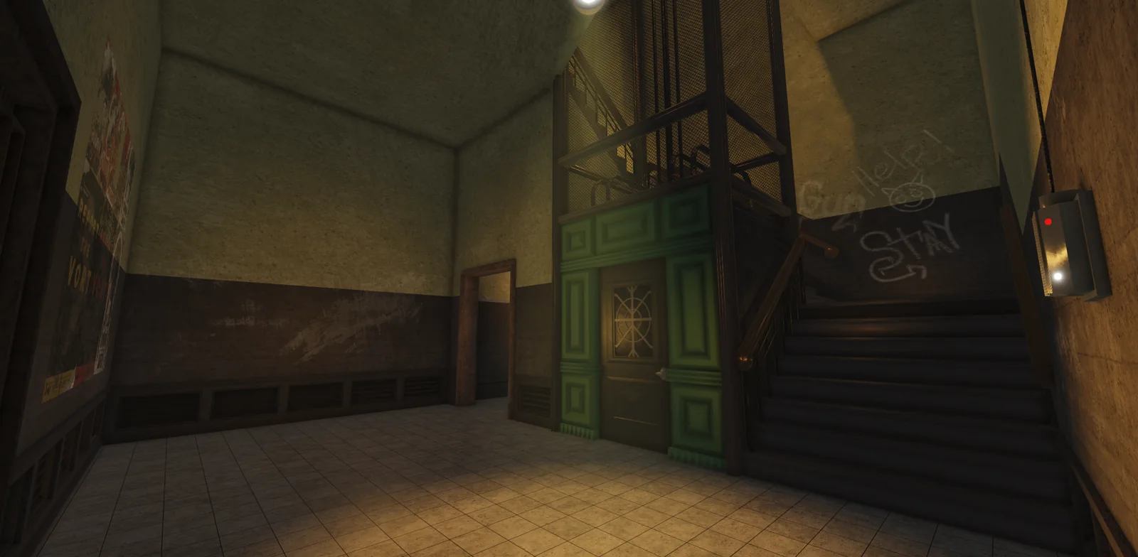 Dim apartment stairwell with worn walls
