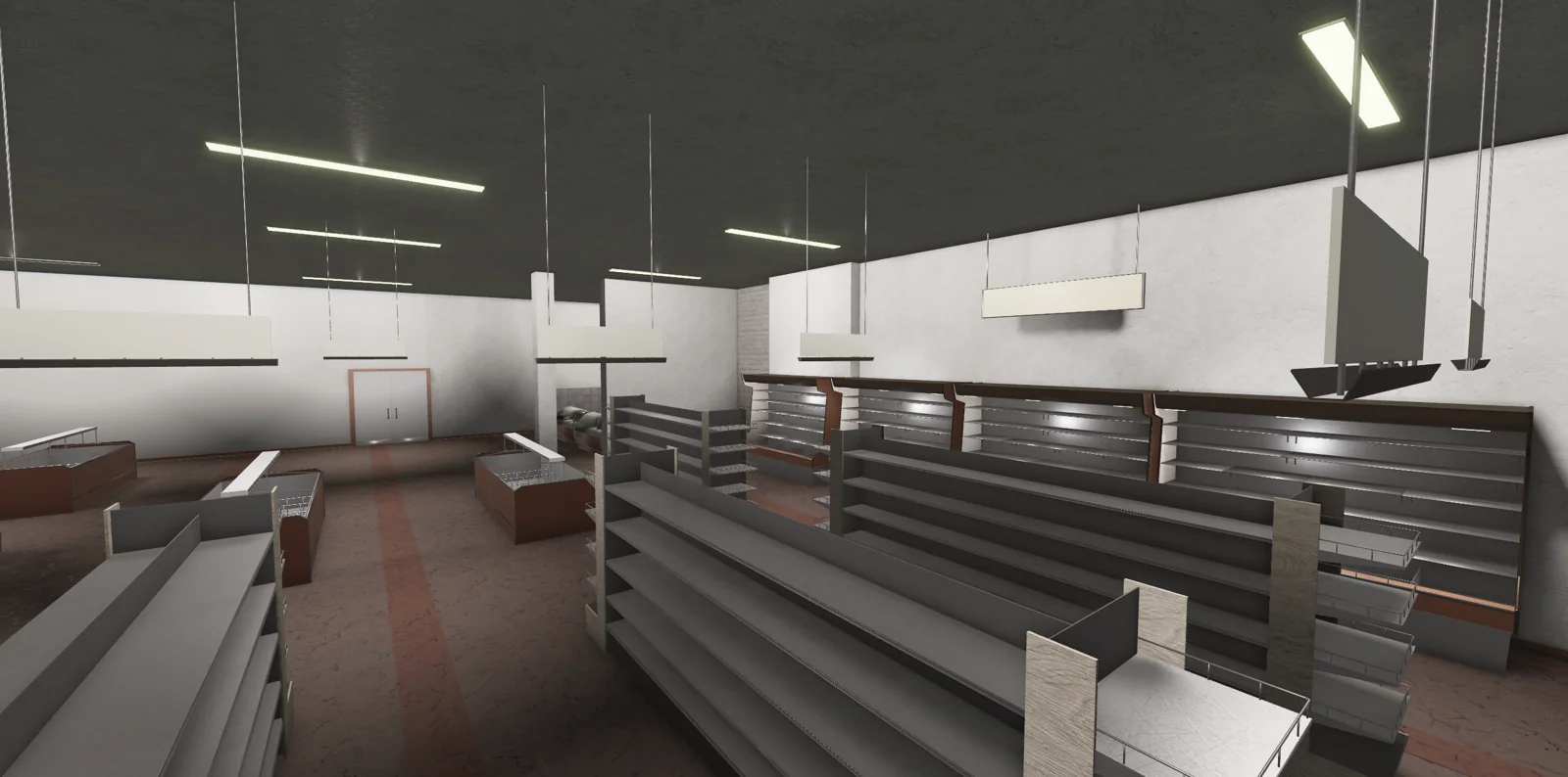 Bright grocery store interior with empty display shelves