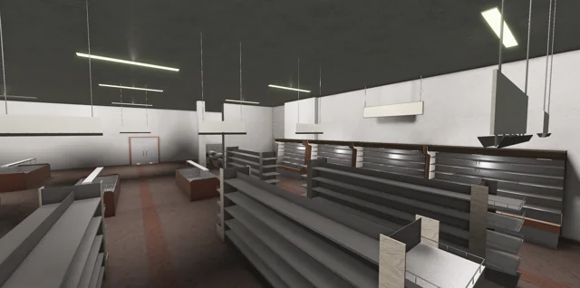 Bright grocery store interior with empty display shelves