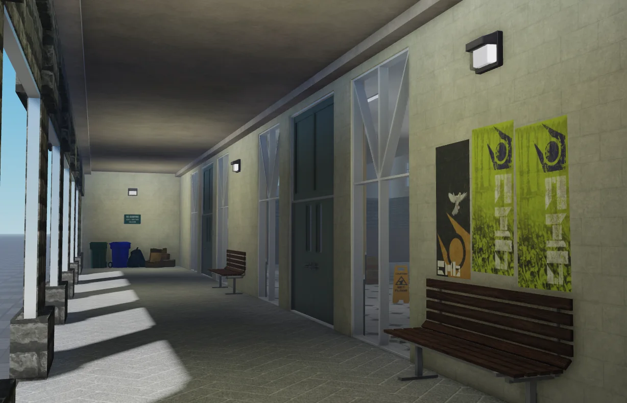Apartment hallway with blue doors and a wall lamp