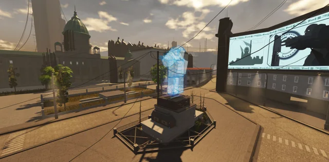 City square with a holographic statue and overhead screens
