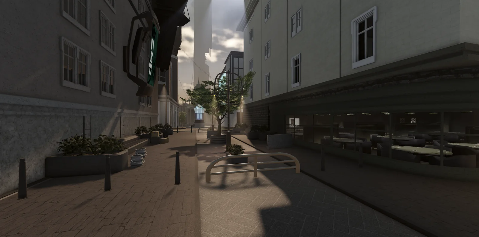 City street beneath a raised metal walkway