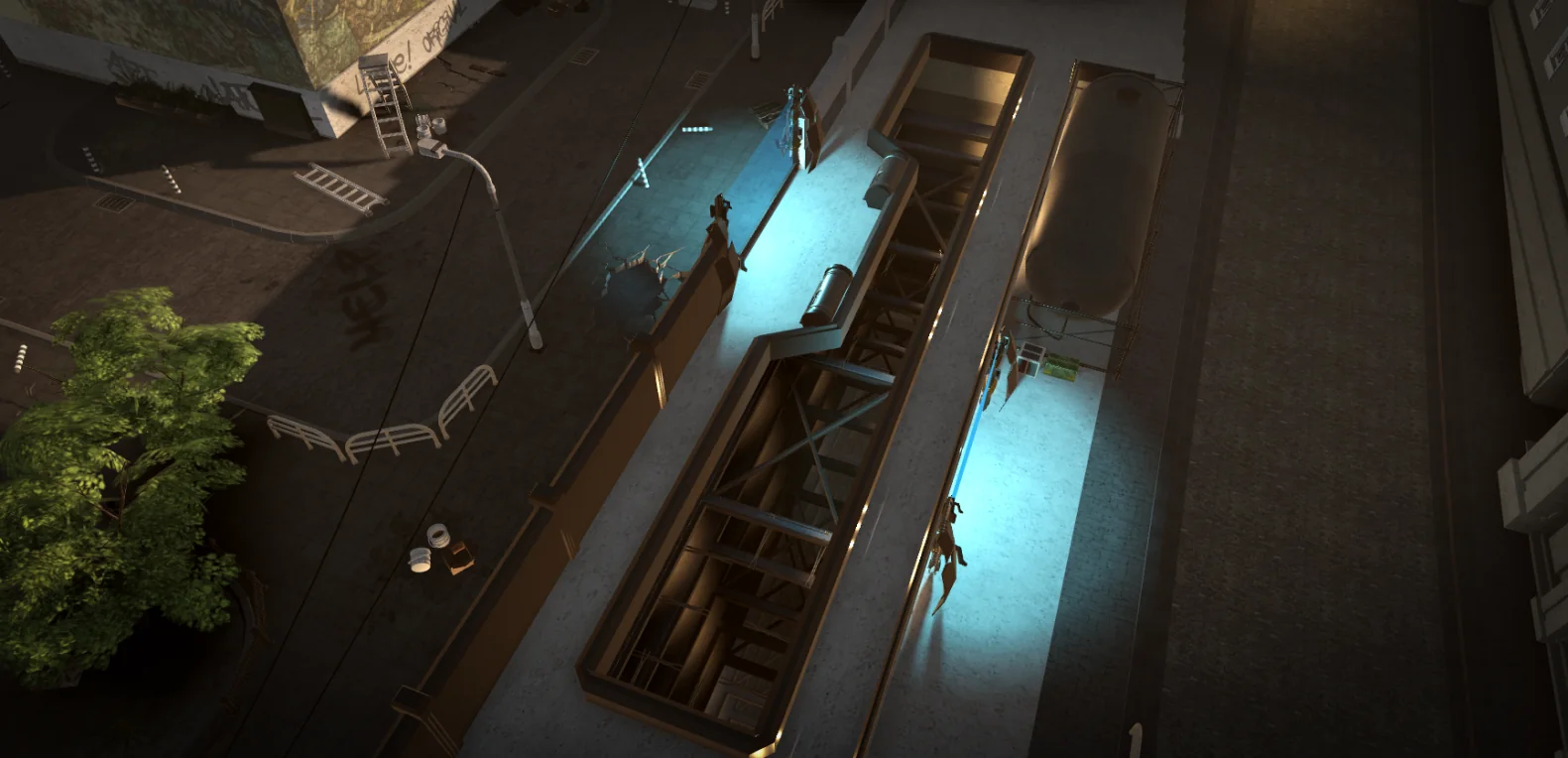 Illuminated escalators descending into an underground passage