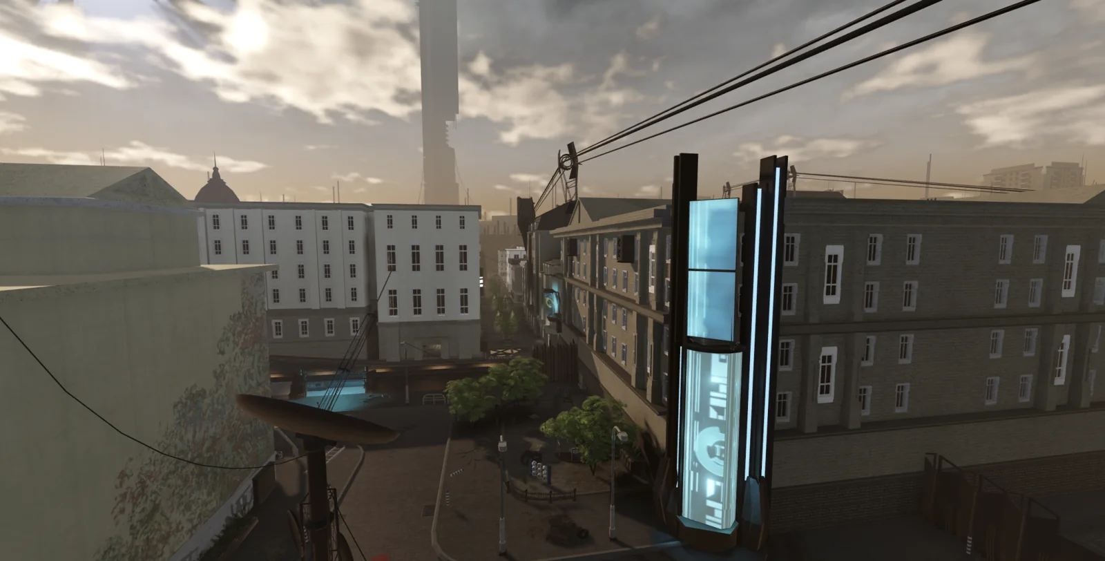 City rooftops and illuminated Combine screens