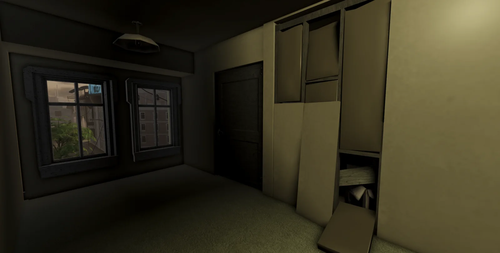 Apartment interior with pale walls and framed windows