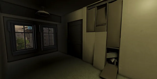 Apartment interior with pale walls and framed windows