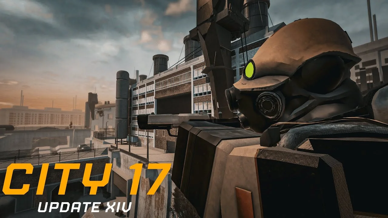 Official Update XIV video cover showing an armored unit overlooking the city