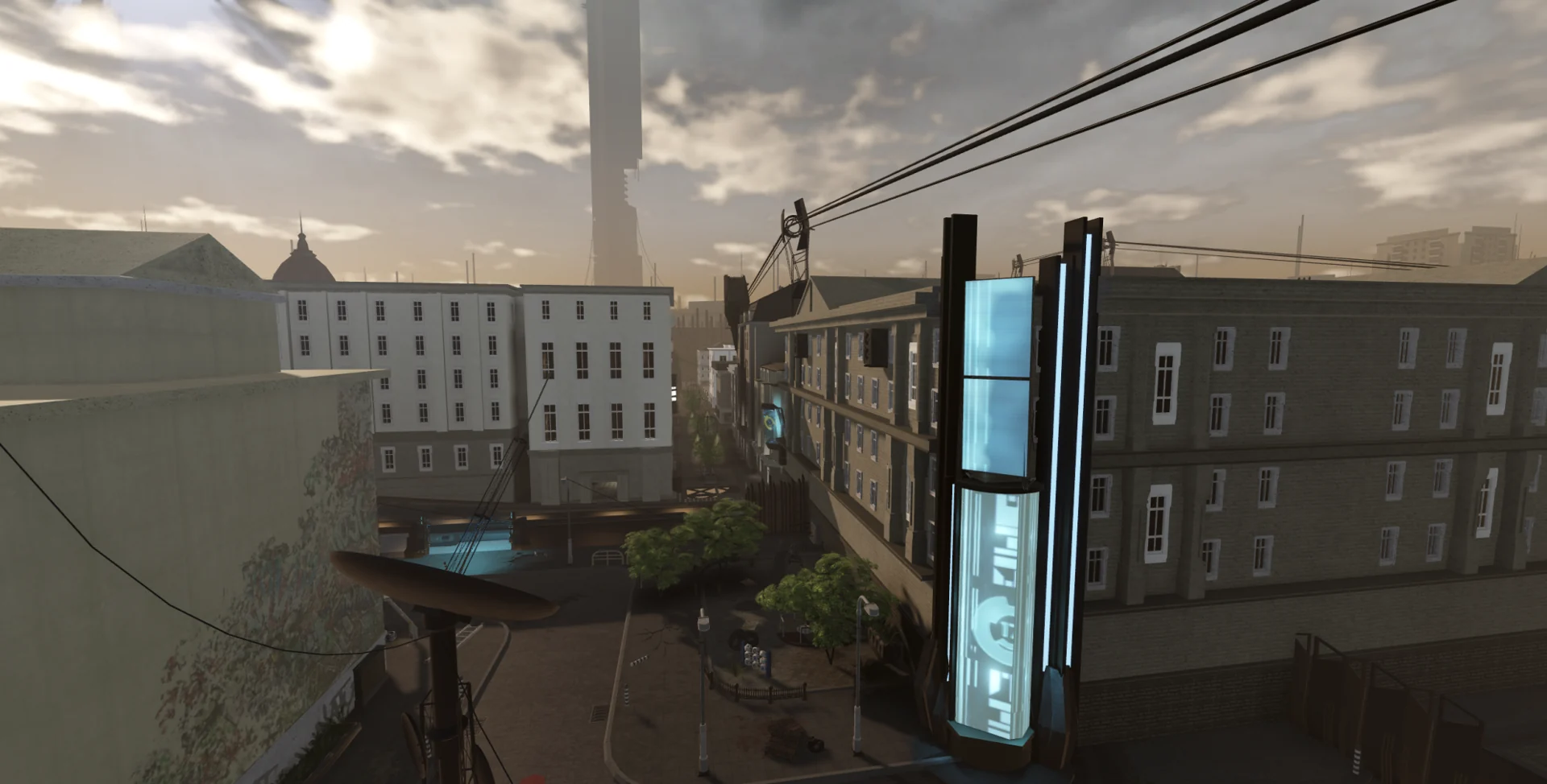 City 17 development capture: old city buildings beneath illuminated Combine screens