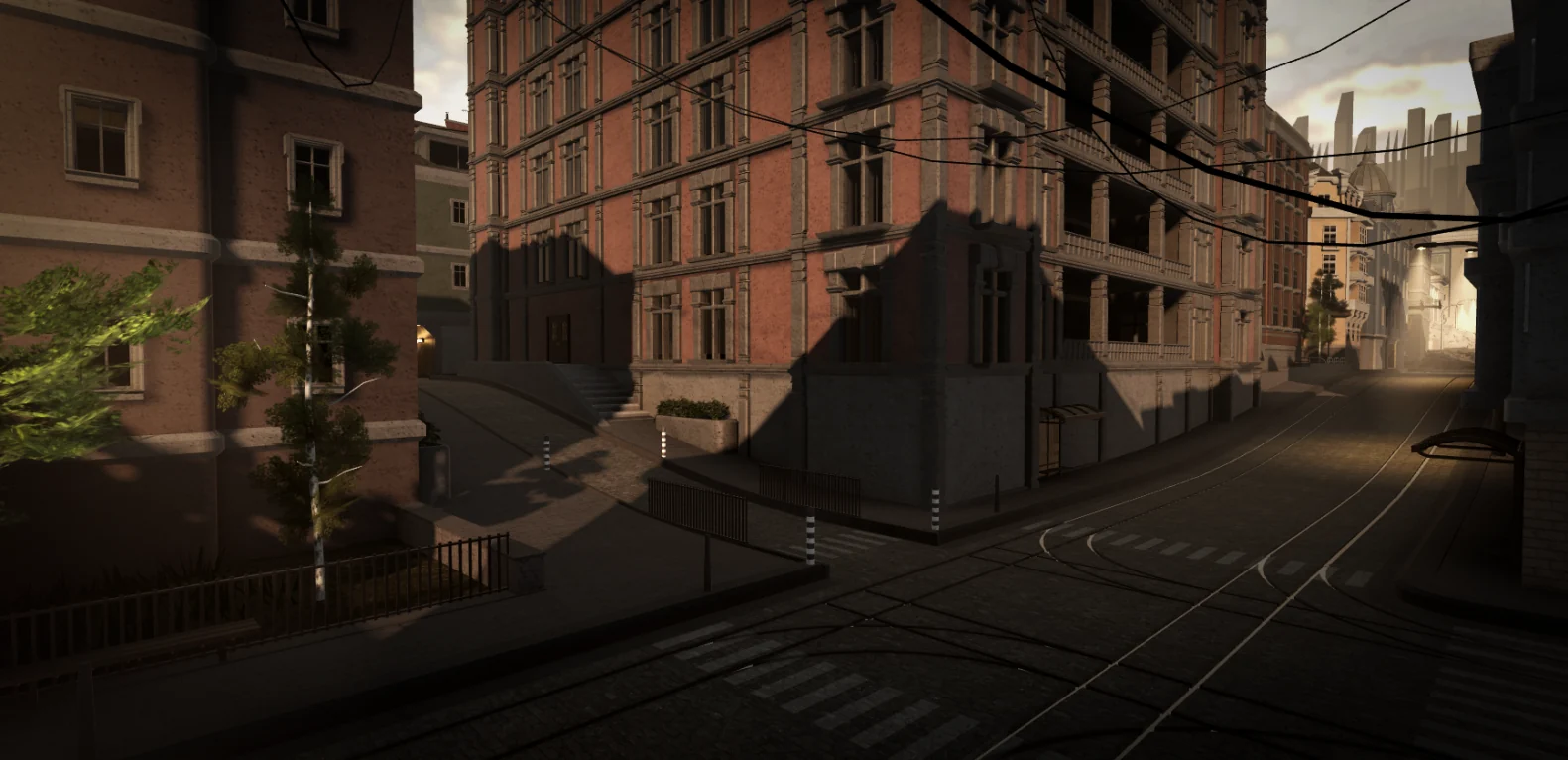 Residential street development capture with trees, tram tracks and brick buildings